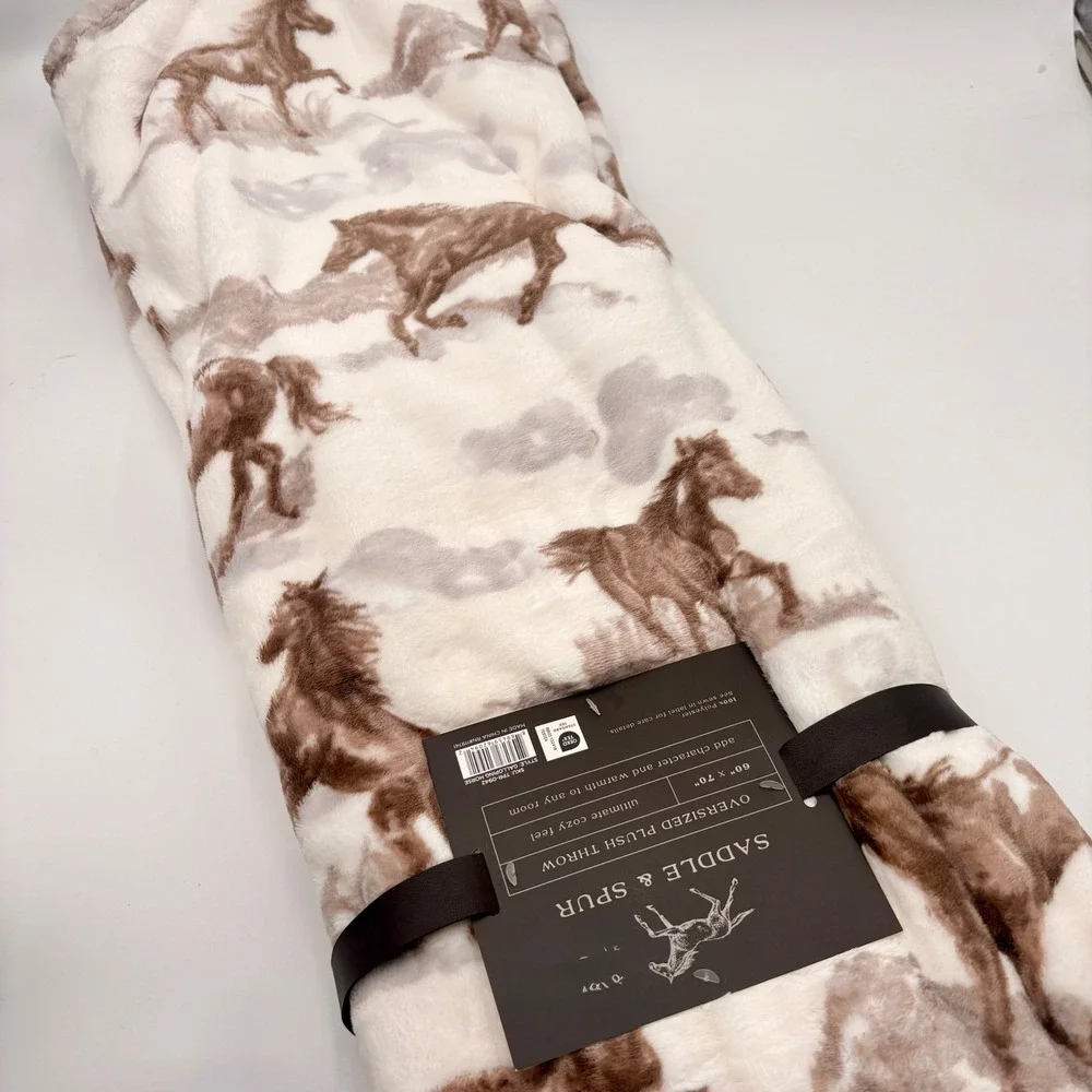 Saddle & Spur Oversized Plush Throw Blanket 60x70 Galloping Horse Brown Cream